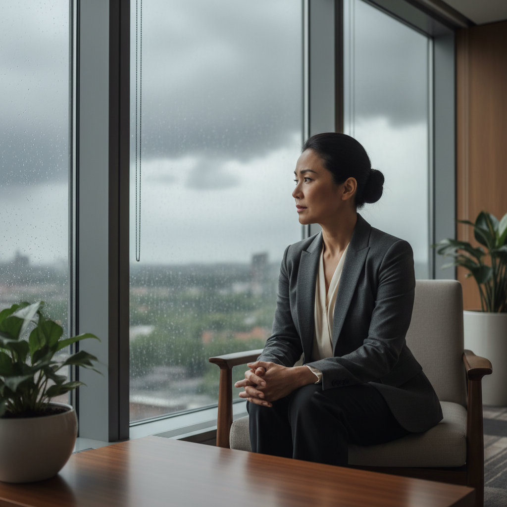 A professional-looking person thoughtfully gazes out a window at a stormy, rainy scene, symbolizing personal struggles and deep contemplation.