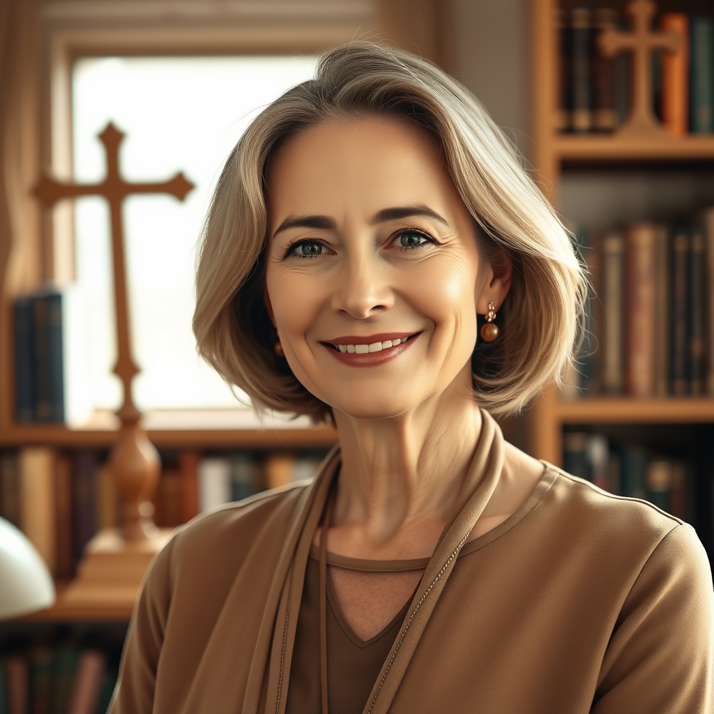 A professional portrait of Sarah Young, a middle-aged woman with a warm smile, in a cozy study setting with books and a cross, captured in soft, natural light.