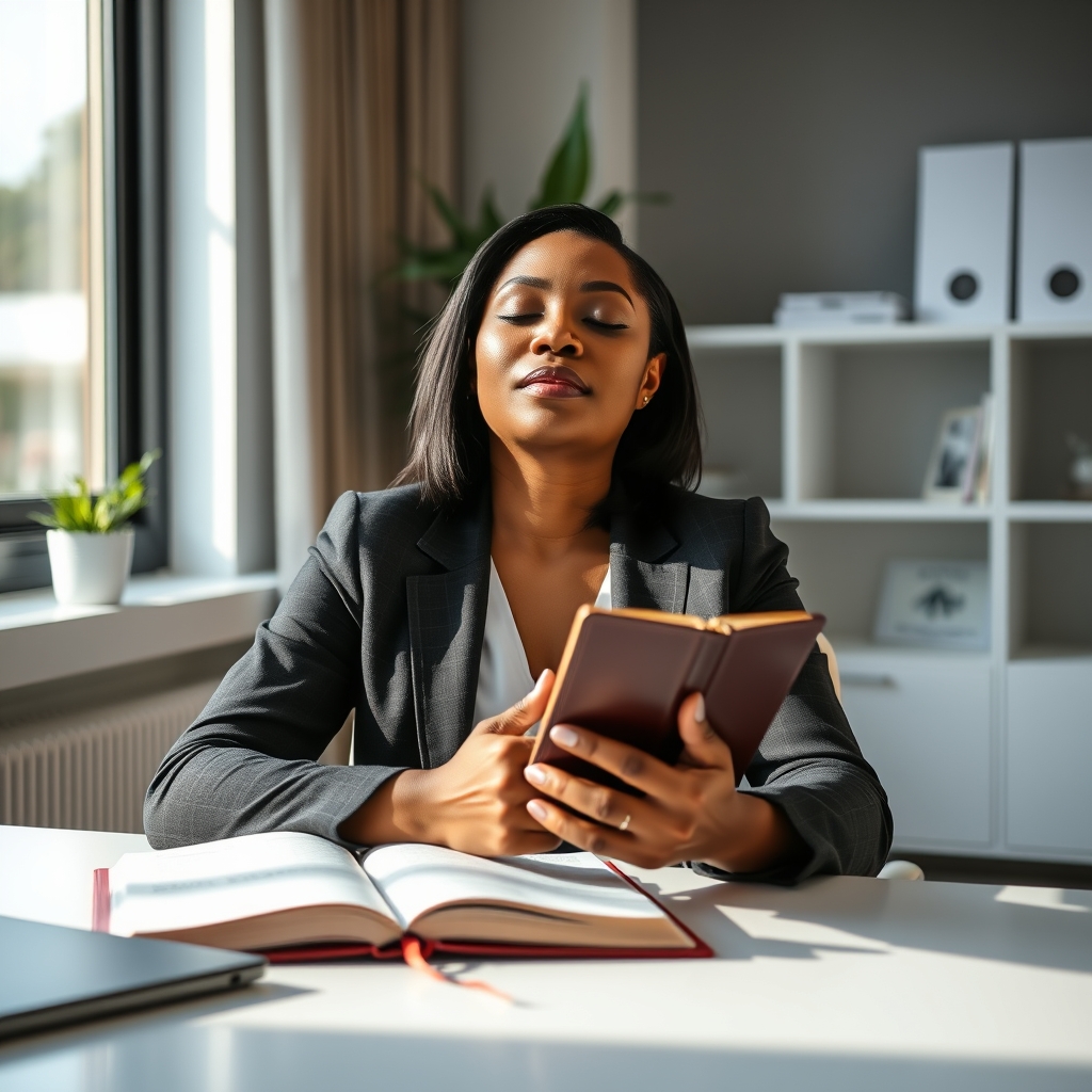 A professional woman in business attire praying with a Bible at a desk, symbolizing living all for Jesus.