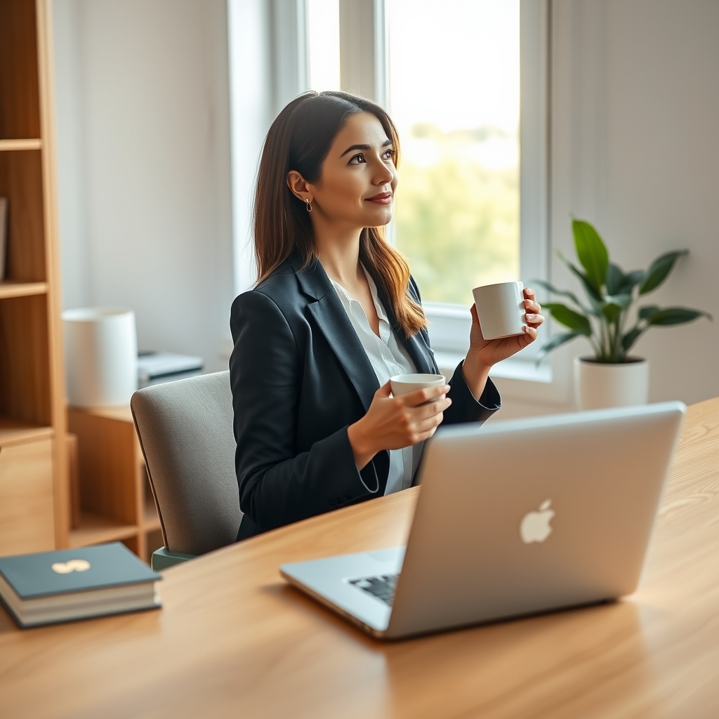 A professional woman sitting at a desk in a bright home office, looking thoughtfully out of a window while holding coffee.