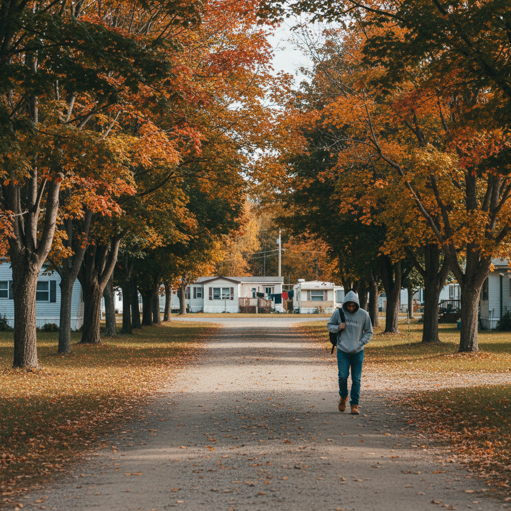 A quiet small-town Canadian street with a trailer park and a person walking on a gravel path in autumn light.