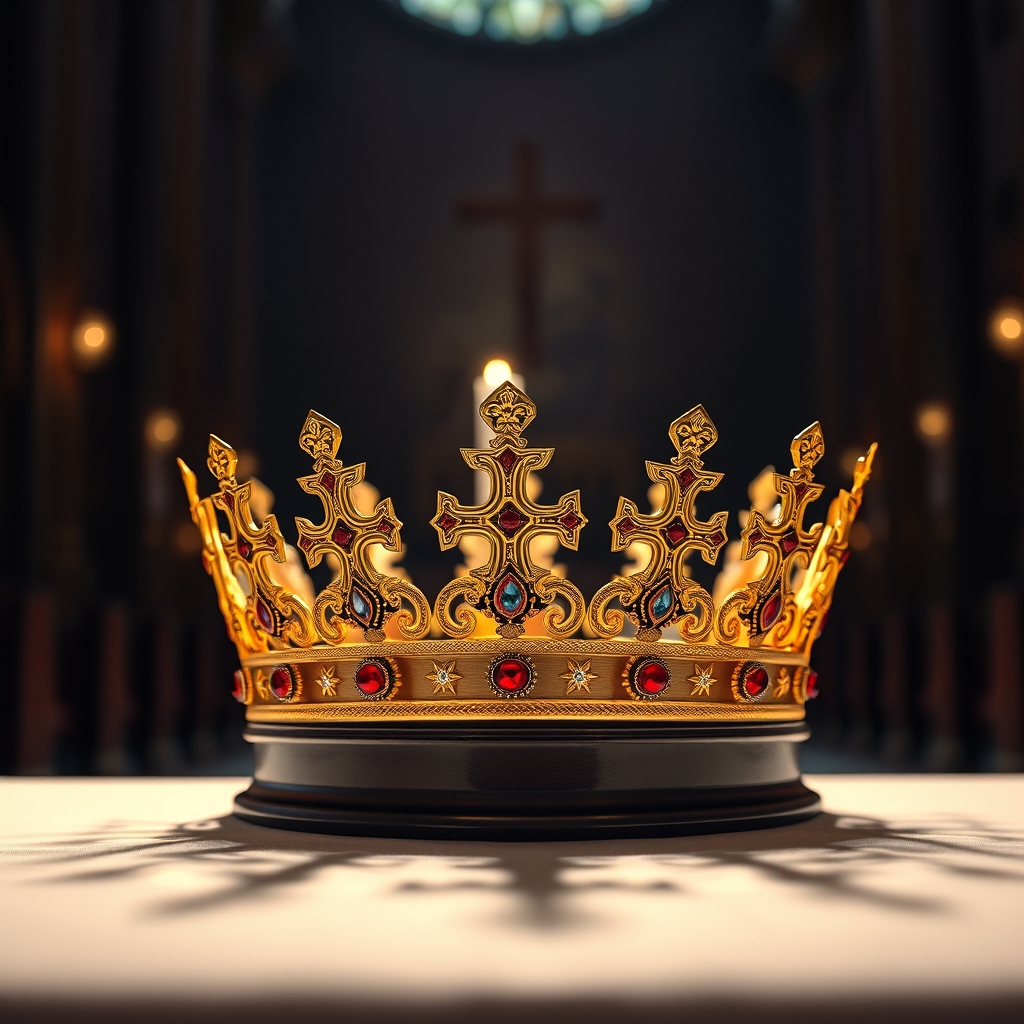 A radiant golden crown with cross motifs on a white cloth altar with candlelight in a dimly lit church