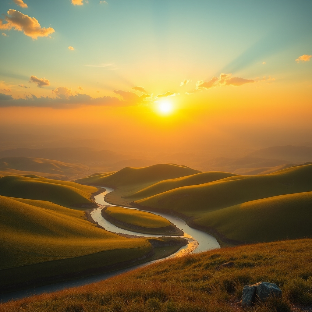 A radiant sunrise over rolling green hills and a calm river, symbolizing divine promise and heavenly reward.