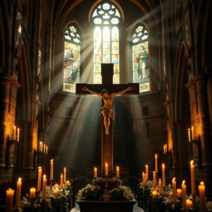 A reverent candlelit cathedral interior with a central crucifix, stained glass windows, and warm golden light, evoking sacred devotion and contemplation.