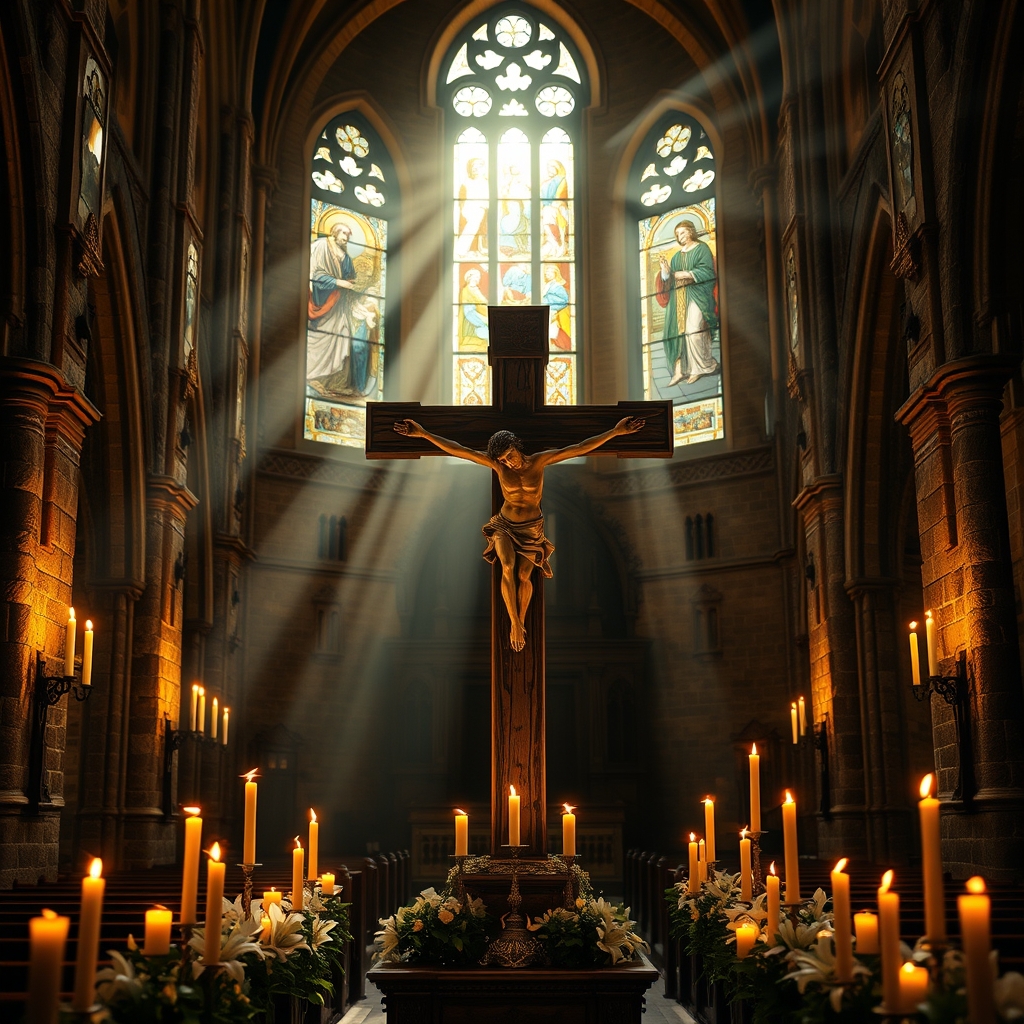 A reverent candlelit cathedral interior with a central crucifix, stained glass windows, and warm golden light, evoking sacred devotion and contemplation.