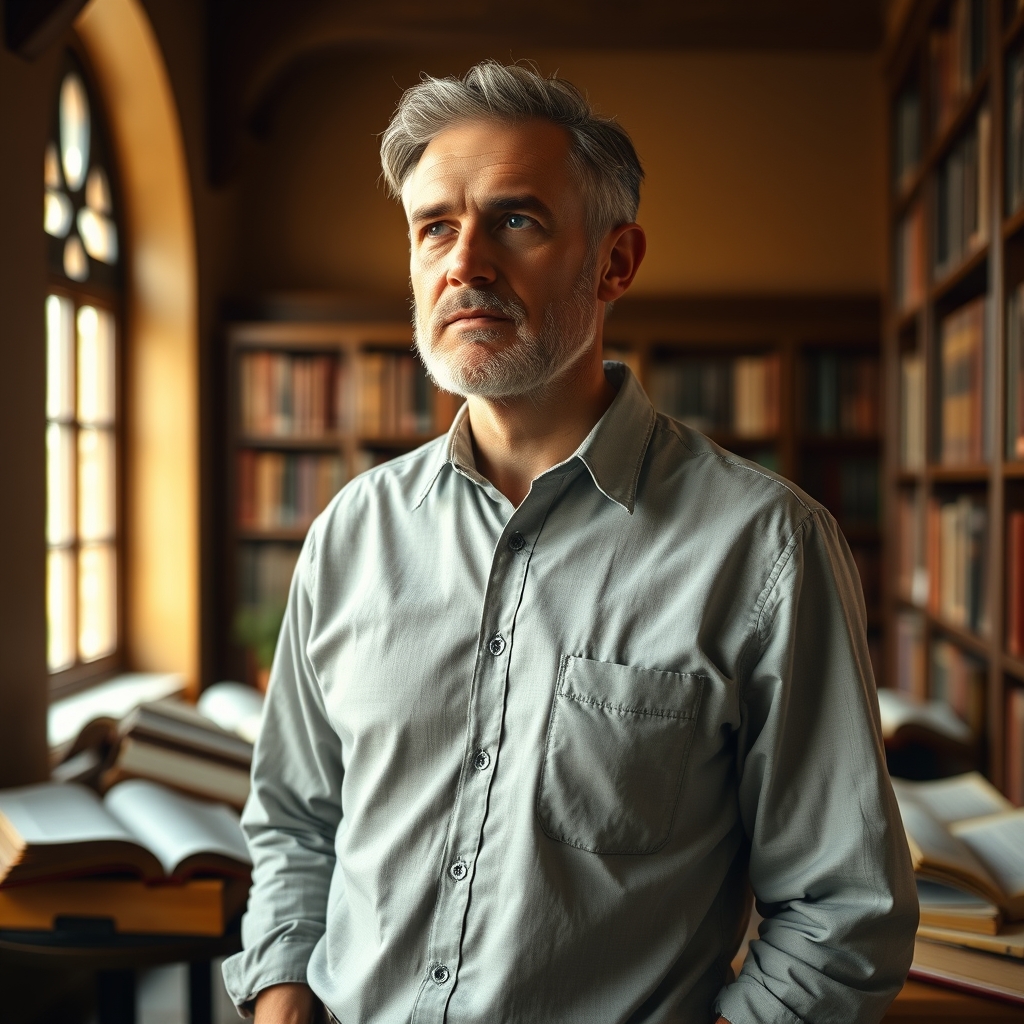 A reverent man studying the Bible in a warmly lit church library, surrounded by scriptures, embodying a deep connection to the question of who Jesus Christ is according to the Bible.