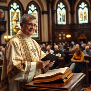 A reverent priest reading Scripture from the Lectionary during Mass in a warmly lit Catholic church, with soft light illuminating the pages of the Bible as faithful parishioners listen attentively, capturing an authentic moment of spiritual reflection and devotion in a professional photography style.