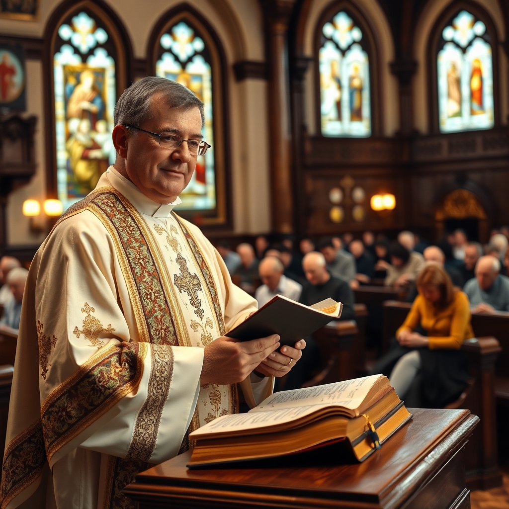 A reverent priest reading Scripture from the Lectionary during Mass in a warmly lit Catholic church, with soft light illuminating the pages of the Bible as faithful parishioners listen attentively, capturing an authentic moment of spiritual reflection and devotion in a professional photography style.