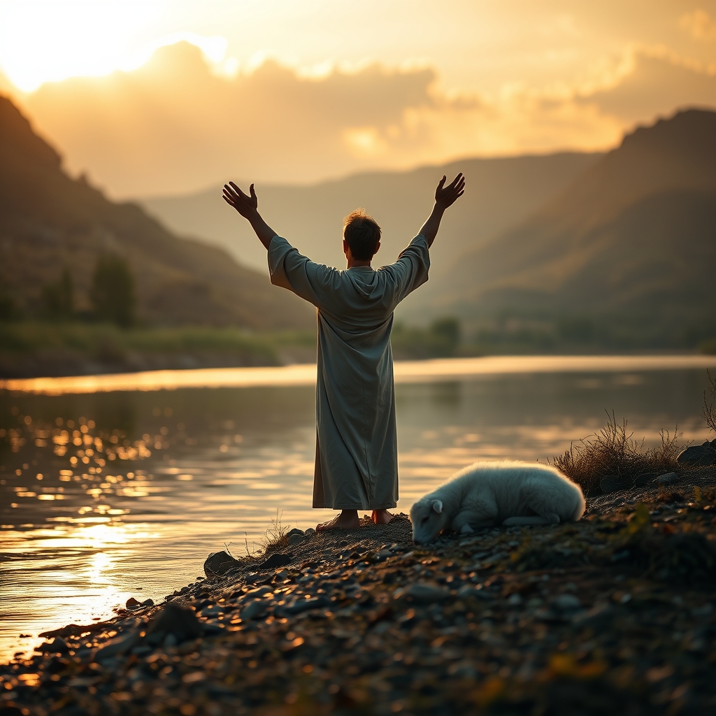A reverent scene at the Jordan River at golden hour, with a humble figure in robes raising arms toward the sky and a white lamb resting nearby, symbolizing the Lamb of God and the testimony of John the Baptist.