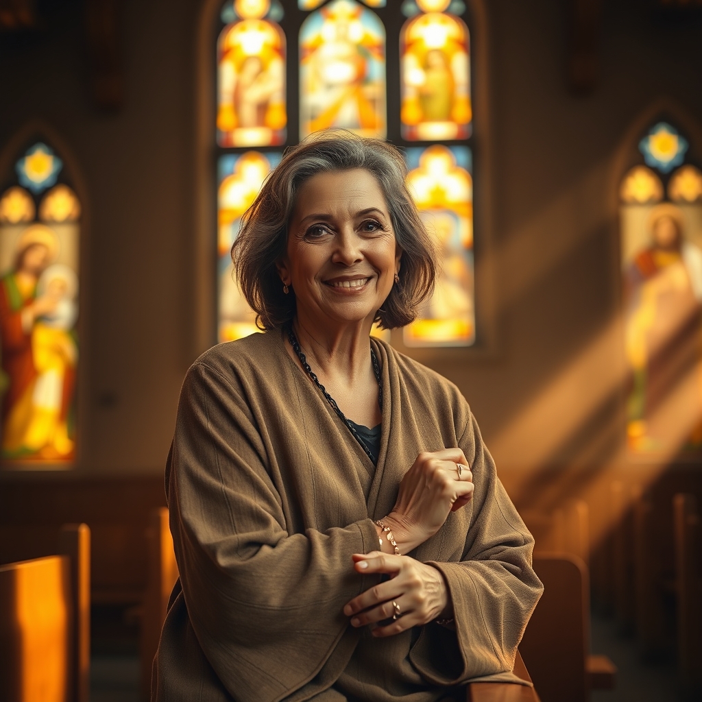 A reverent woman in traditional Middle Eastern clothing praying softly in a warmly lit chapel with stained glass windows.