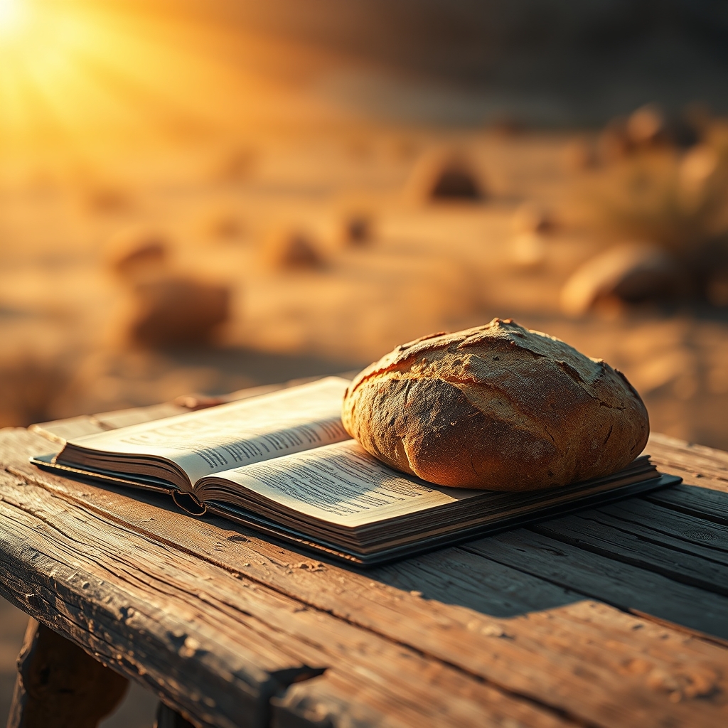A rustic loaf of bread beside an open Bible on a wooden table, bathed in warm golden light with a soft desert background, symbolizing spiritual nourishment beyond physical bread.