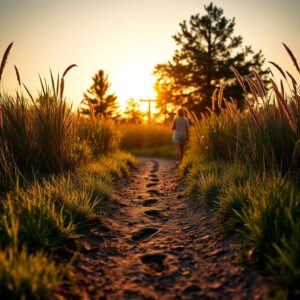 A sandy path leading towards a distant cross at sunrise, symbolizing a walk of faith in Christianity.