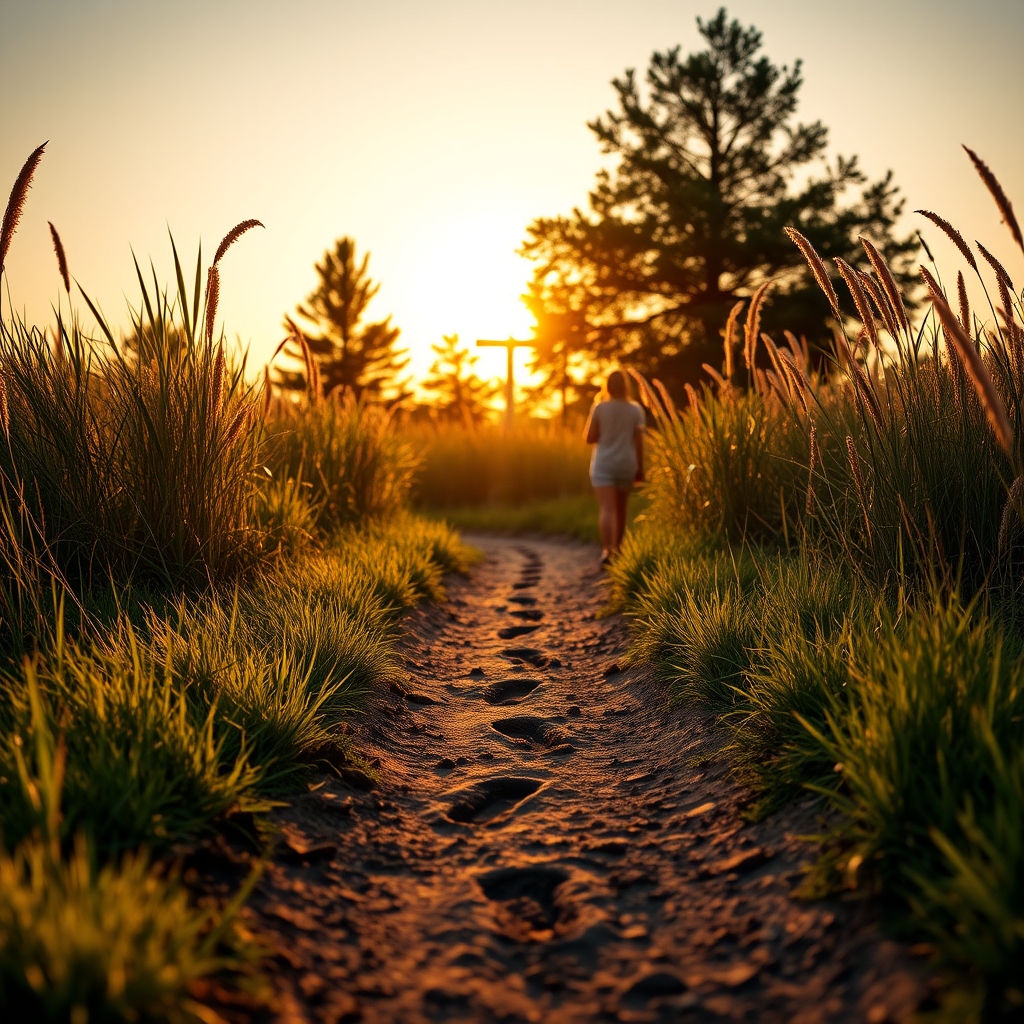 A sandy path leading towards a distant cross at sunrise, symbolizing a walk of faith in Christianity.
