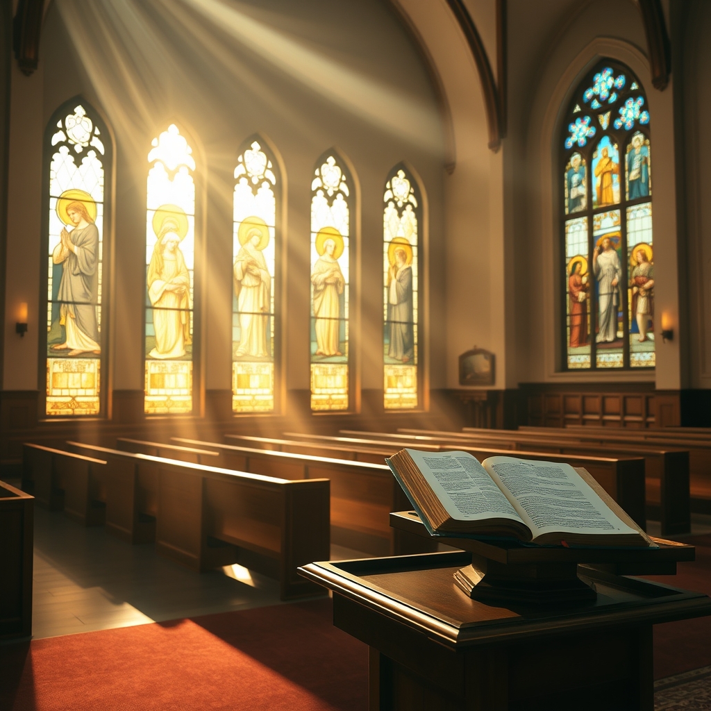 A serene church interior with stained glass windows and an open Bible, symbolizing faith and devotion.
