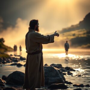 A serene early morning scene at the Jordan River, with soft golden sunlight breaking through mist over calm waters. In the center, a humble, reverent man in simple, earth-toned robes (John the Baptist) is pointing with an outstretched hand toward a figure walking in the distance, symbolizing the Lamb of God. The background features a lush, green landscape with a few followers in the scene. The mood is peaceful and spiritual, captured with a shallow depth of field, emphasizing the light and shadow. The image should evoke a sense of divine revelation and the beginning of a journey of faith.