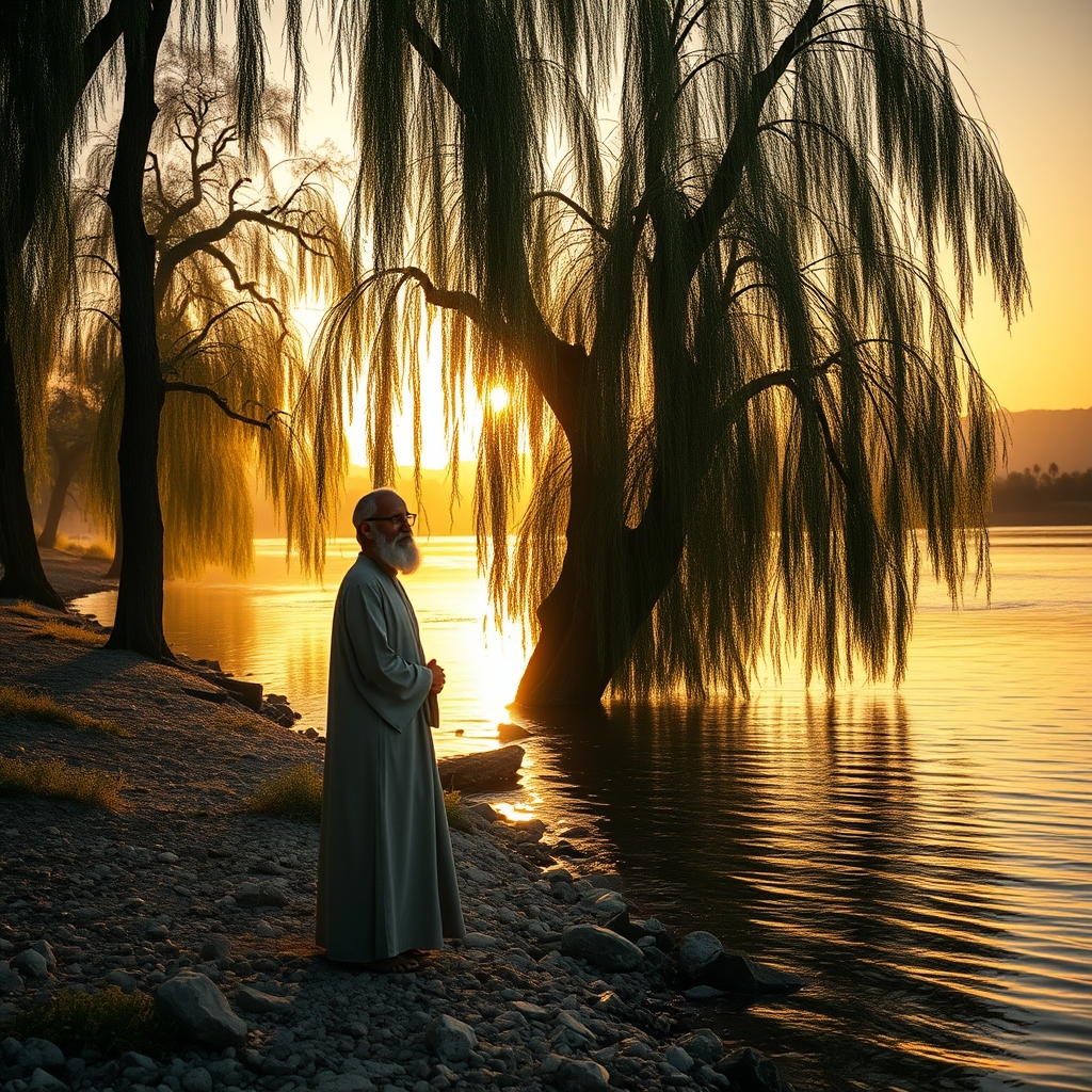 A serene early morning scene at the Jordan River with soft golden sunrise light, a man in flowing robes standing near the riverbank