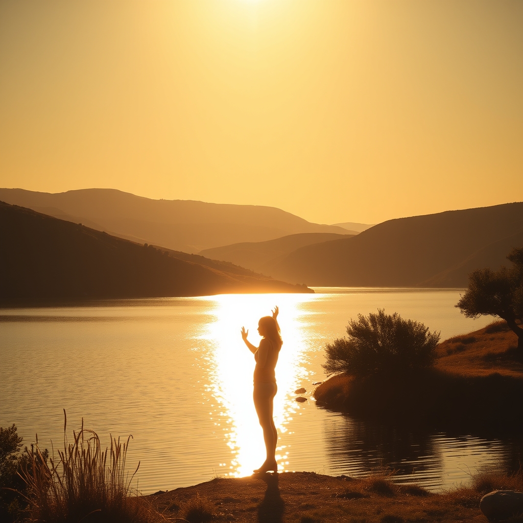 A serene golden-hour photograph of a silhouetted person standing by a calm lake bathed in warm light, symbolizing lasting peace and surrender to Christ's calming presence.
