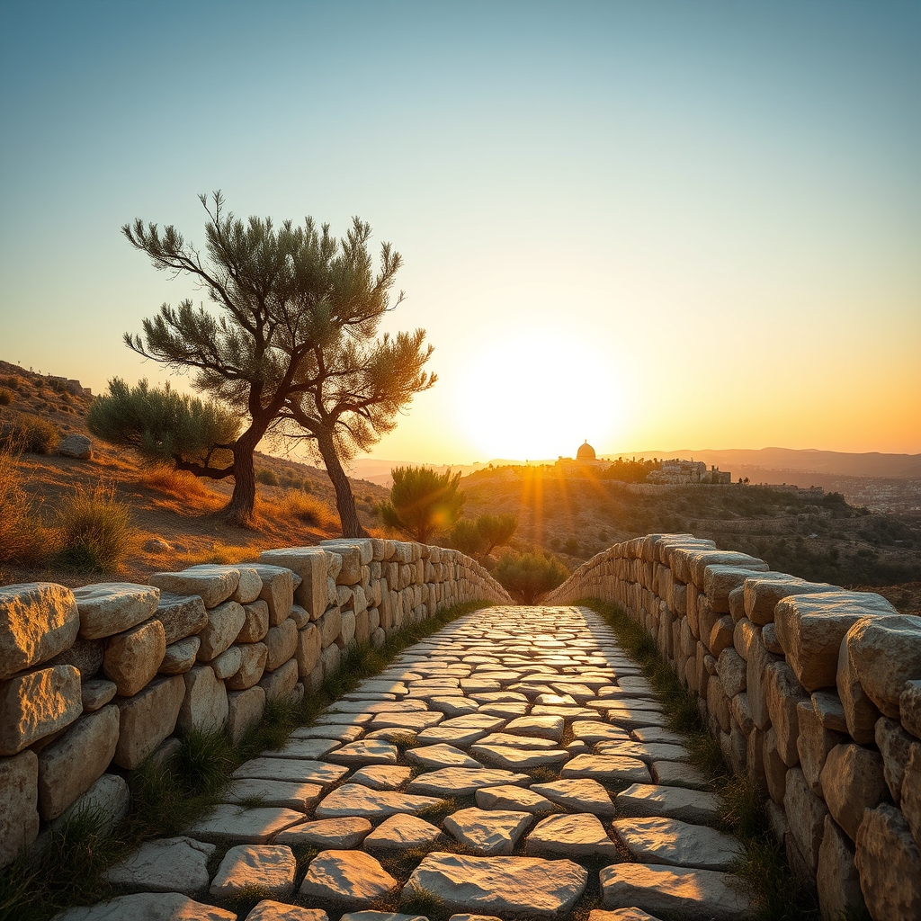 A serene, golden-hour view of the Holy Land with olive trees and Jerusalem's old city walls in the distance, evoking a sense of historical and spiritual depth.