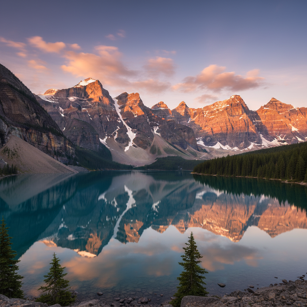 A serene, majestic mountain range reflected in a calm lake at sunrise, symbolizing divine beauty and grandeur.