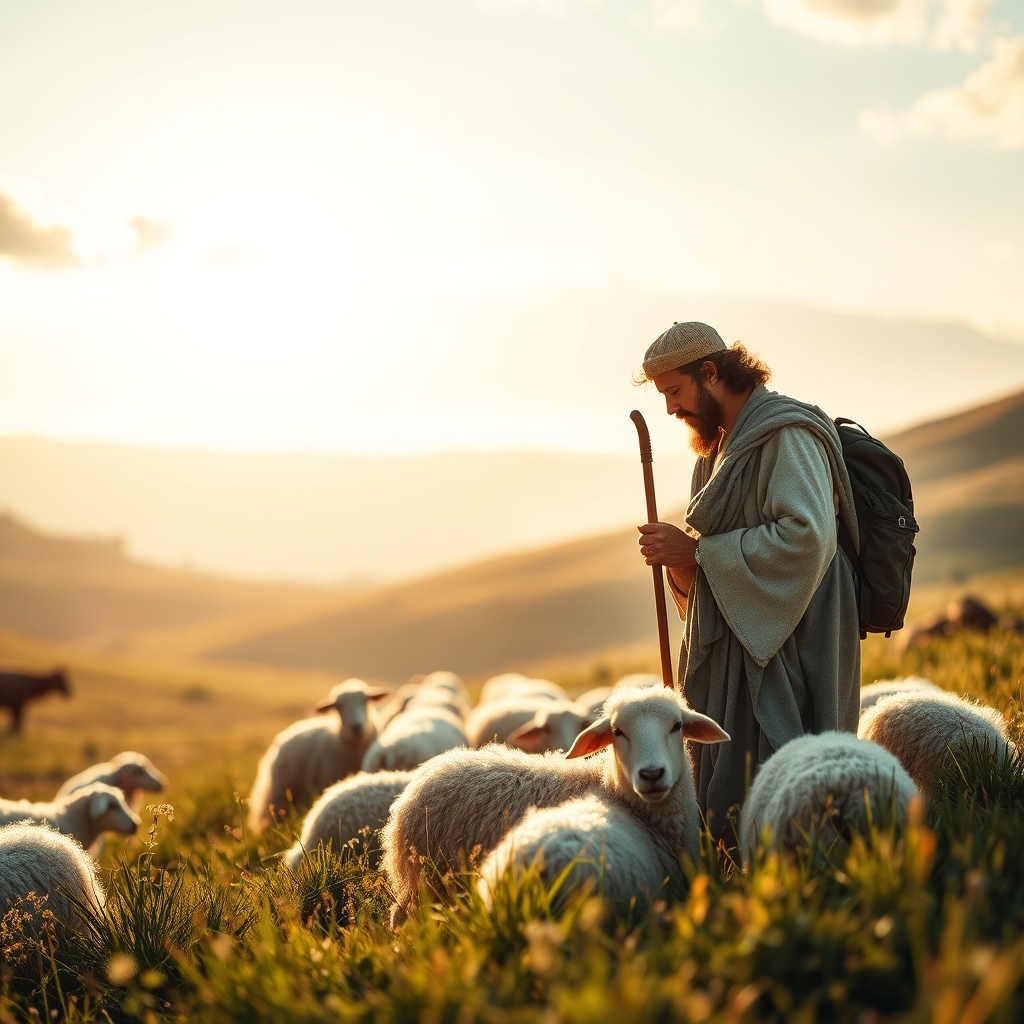 A serene, pastoral landscape with a shepherd tending to his flock, symbolizing Jesus as the Good Shepherd, with soft, warm light.