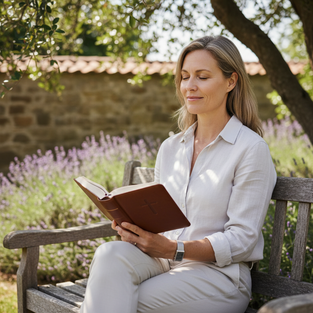 A serene person with a peaceful expression, holding a Bible, reflecting in a quiet setting.