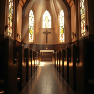 A serene, photorealistic image of a church interior with stained glass windows, wooden pews, and a cross at the altar, bathed in warm natural light, conveying reverence and peace.