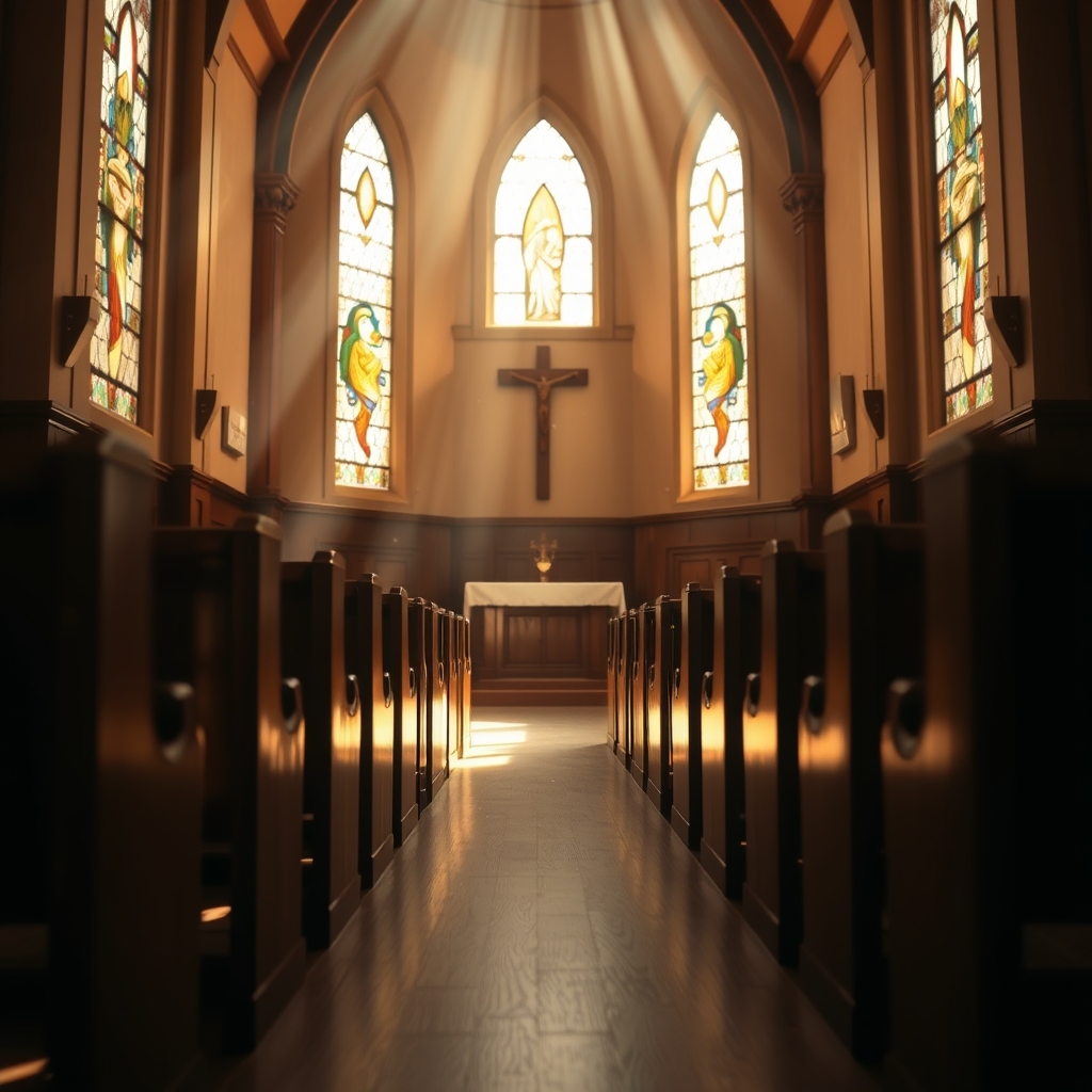 A serene, photorealistic image of a church interior with stained glass windows, wooden pews, and a cross at the altar, bathed in warm natural light, conveying reverence and peace.