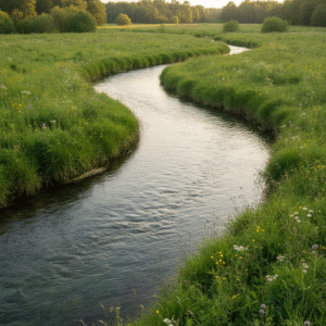 A serene, photorealistic image of a crystal-clear river flowing gently through a lush green landscape, symbolizing spiritual refreshment and life.