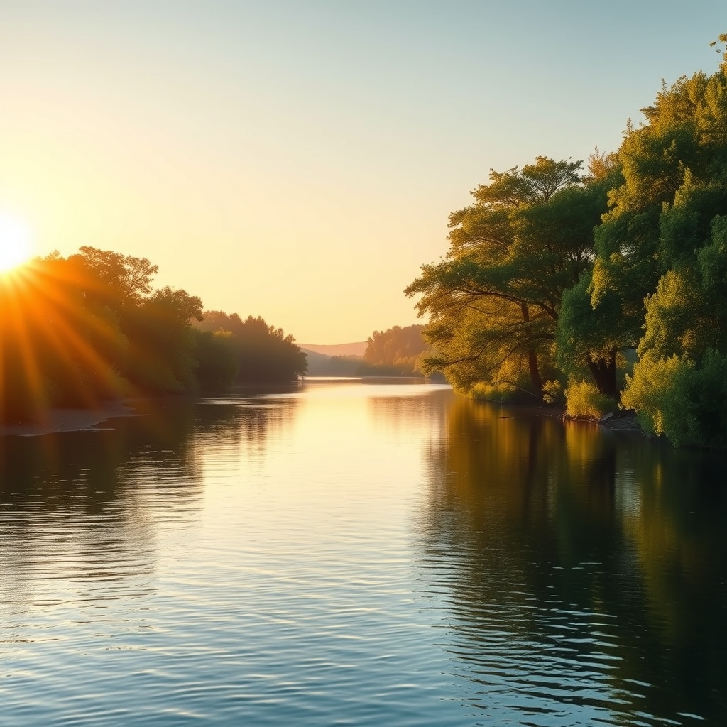 A serene, sunlit river at dawn with golden light reflecting off the water, surrounded by lush green trees.