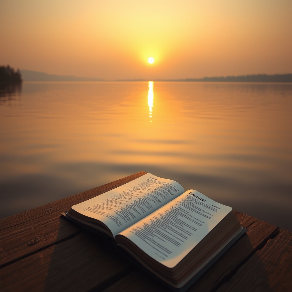 A serene sunrise over a calm lake with a Bible open on a wooden dock, symbolizing the meaning of Emmanuel as 'God with us'.