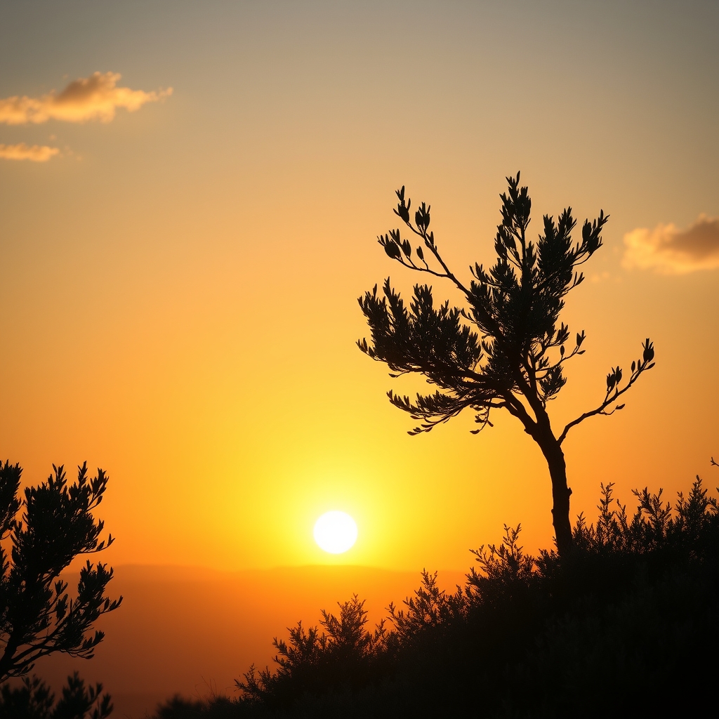 A serene sunrise over a Middle Eastern horizon with olive trees silhouetted in golden light