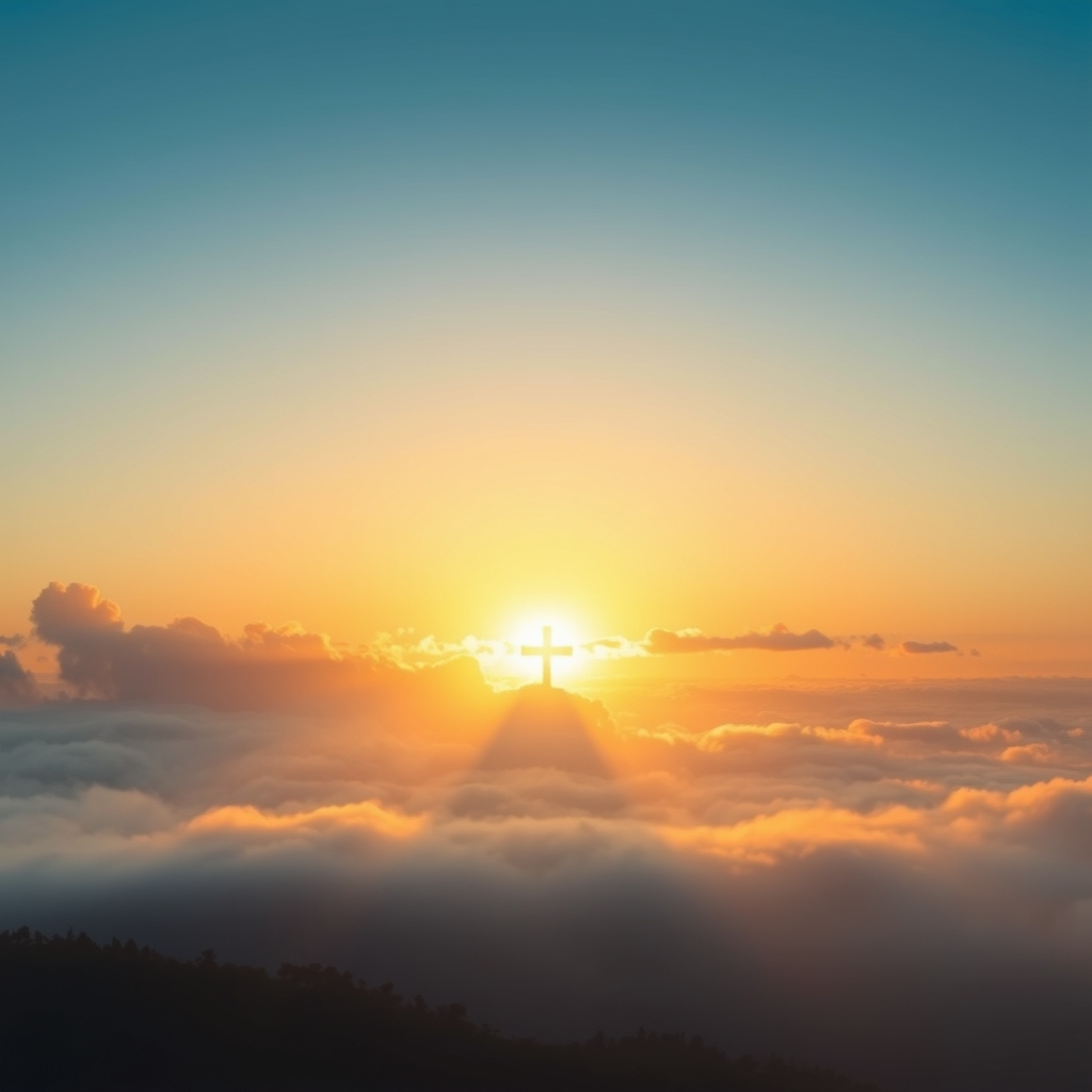 A serene sunrise with golden light and a cross silhouette, symbolizing hope and faith.