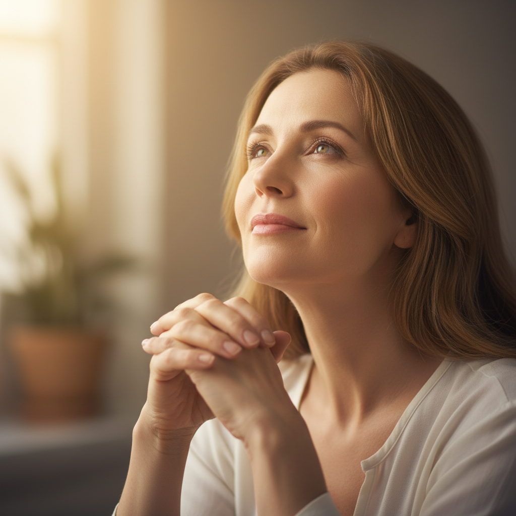 A serene woman looking upwards with an expression of peace and reverence, illuminated by warm light.