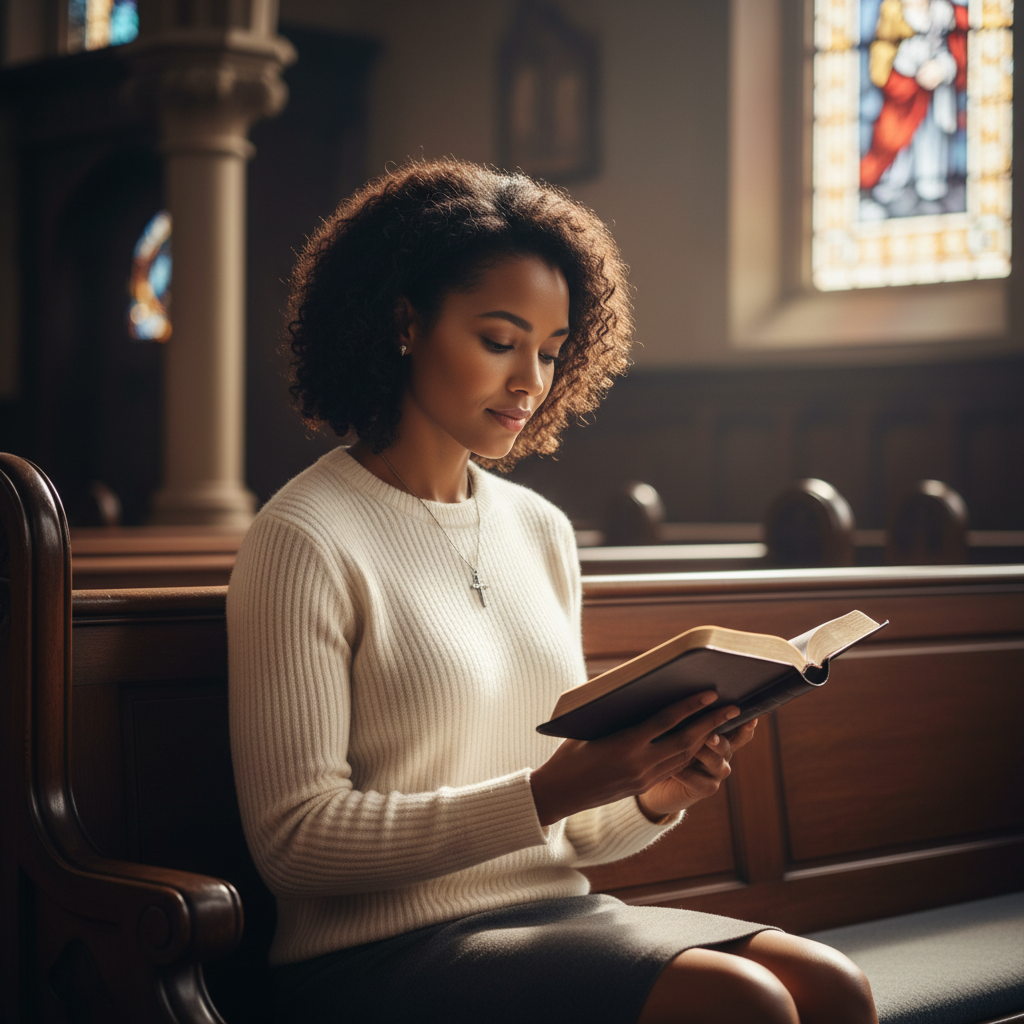 A serene woman thoughtfully reads an open Bible or hymnal in a warm, peaceful setting.