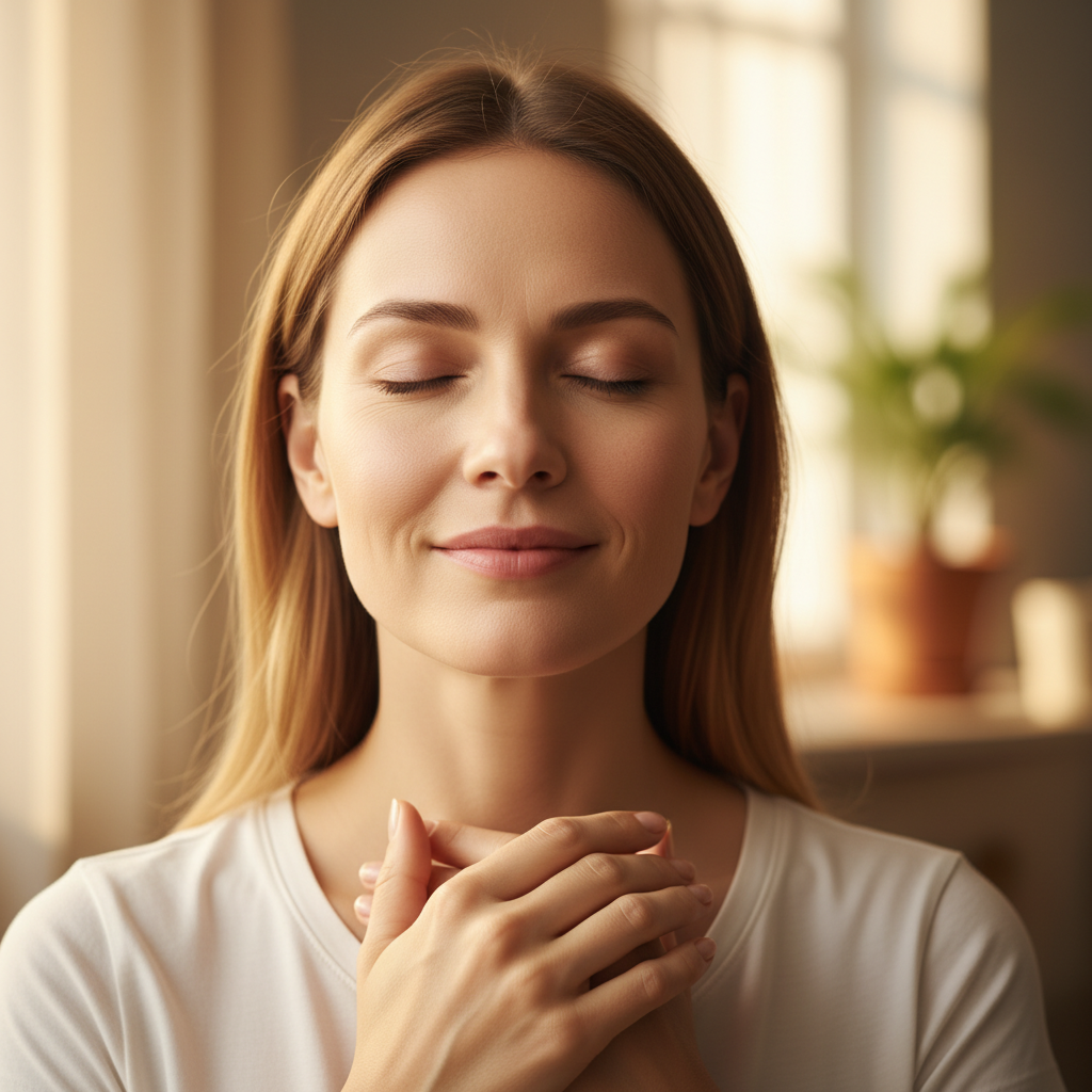 A serene woman with her eyes gently closed and a peaceful smile, conveying deep inner tranquility.