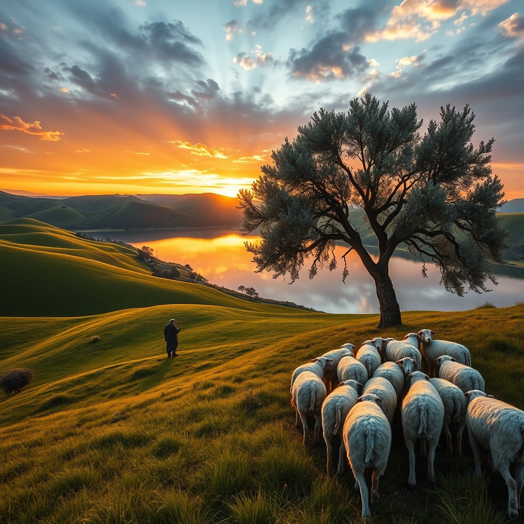 A shepherd guiding sheep across peaceful green hills at golden hour with dramatic sunset skies