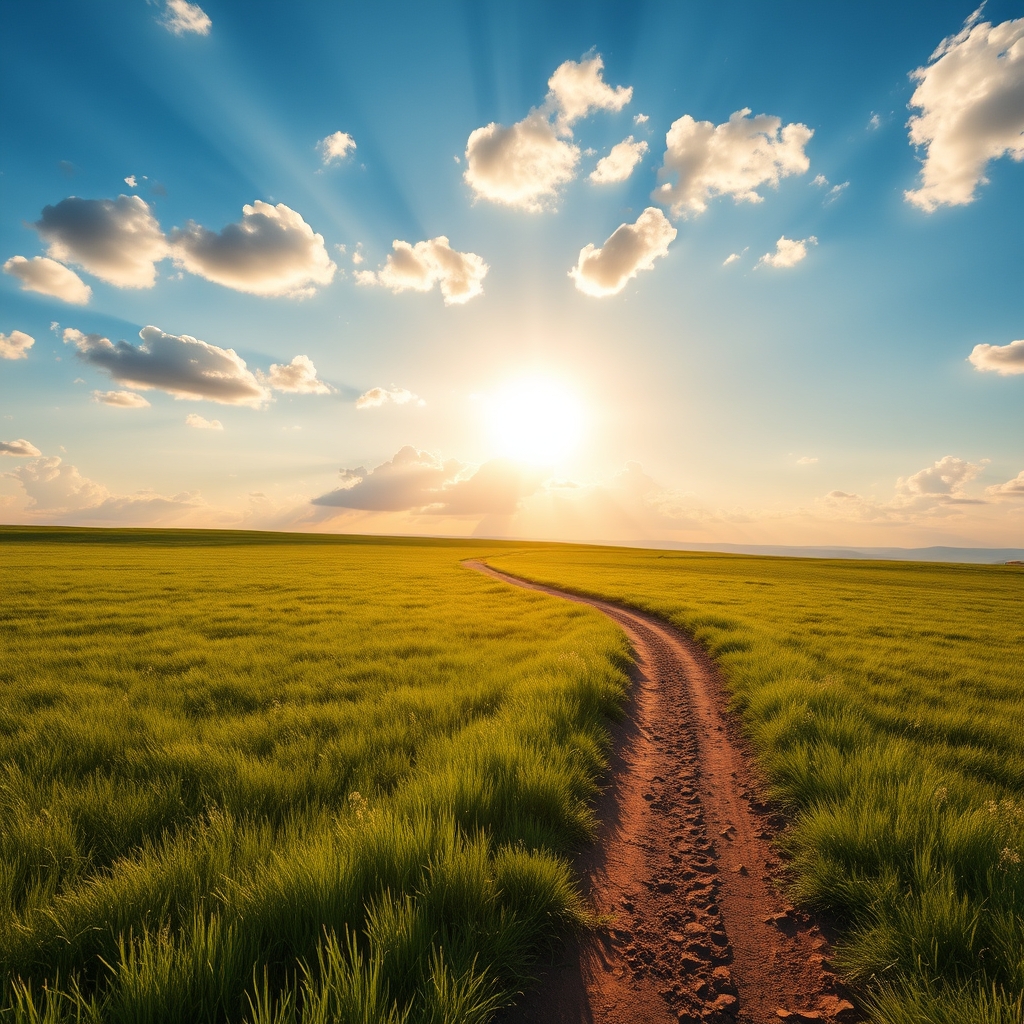 A single sunlit path through a green meadow leading toward a radiant golden light on the horizon, symbolizing Jesus as the one way to salvation