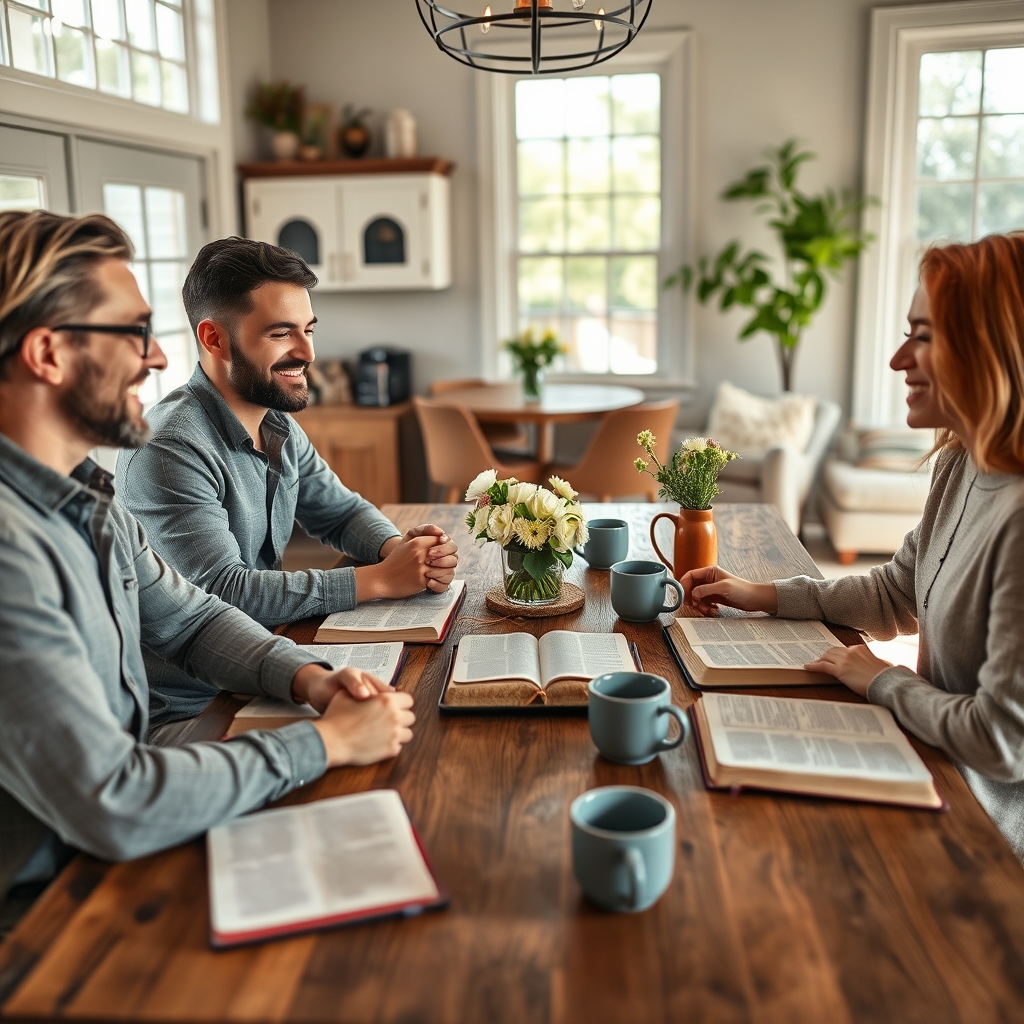 A small group of modern adults gathered around a kitchen table sharing an intimate prayer moment together