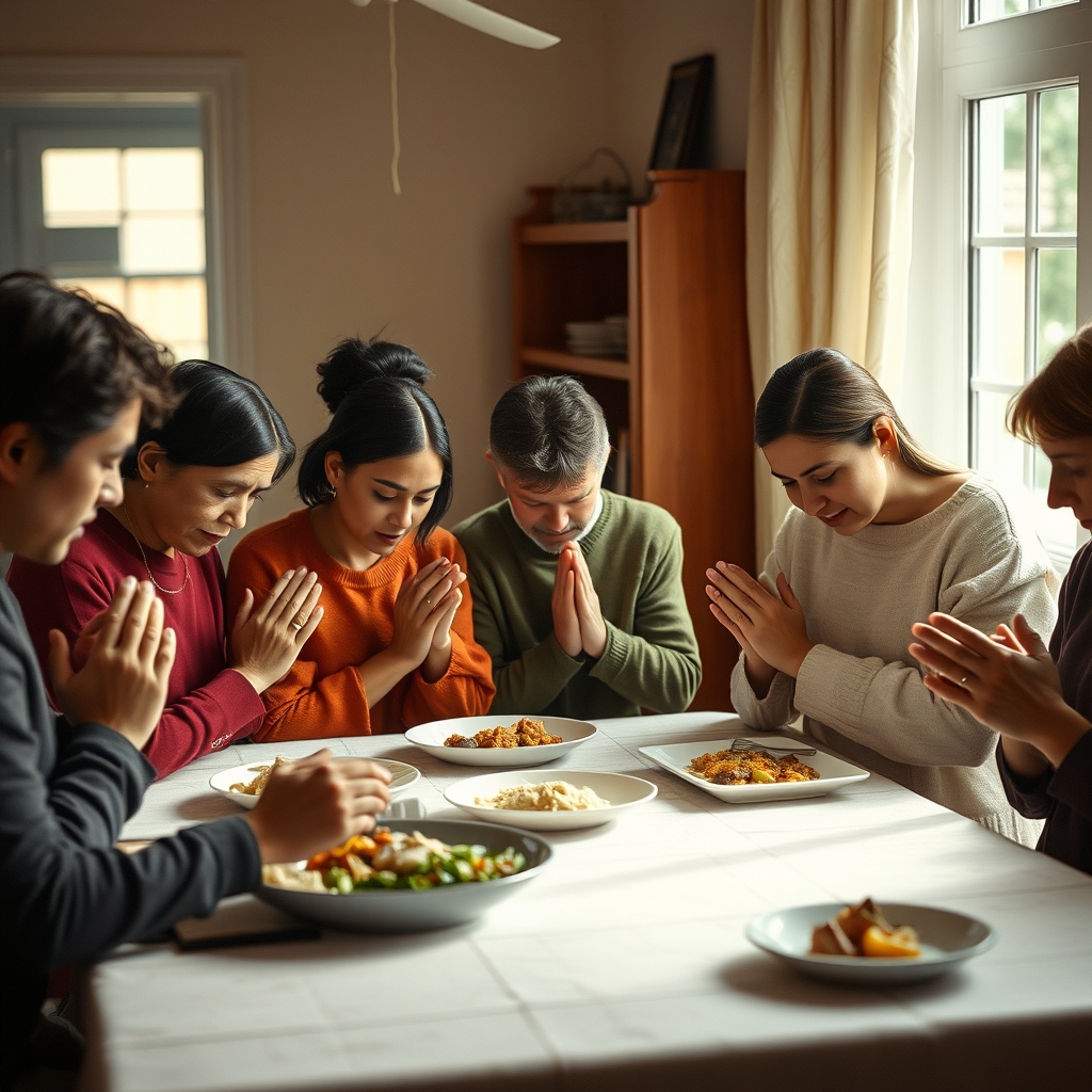 A small group of people gathered around a table, heads bowed in prayer in a warmly lit home