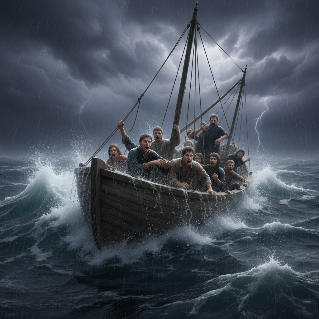 A small wooden fishing boat being tossed by violent waves during a fierce storm at sea, with fearful disciples struggling.