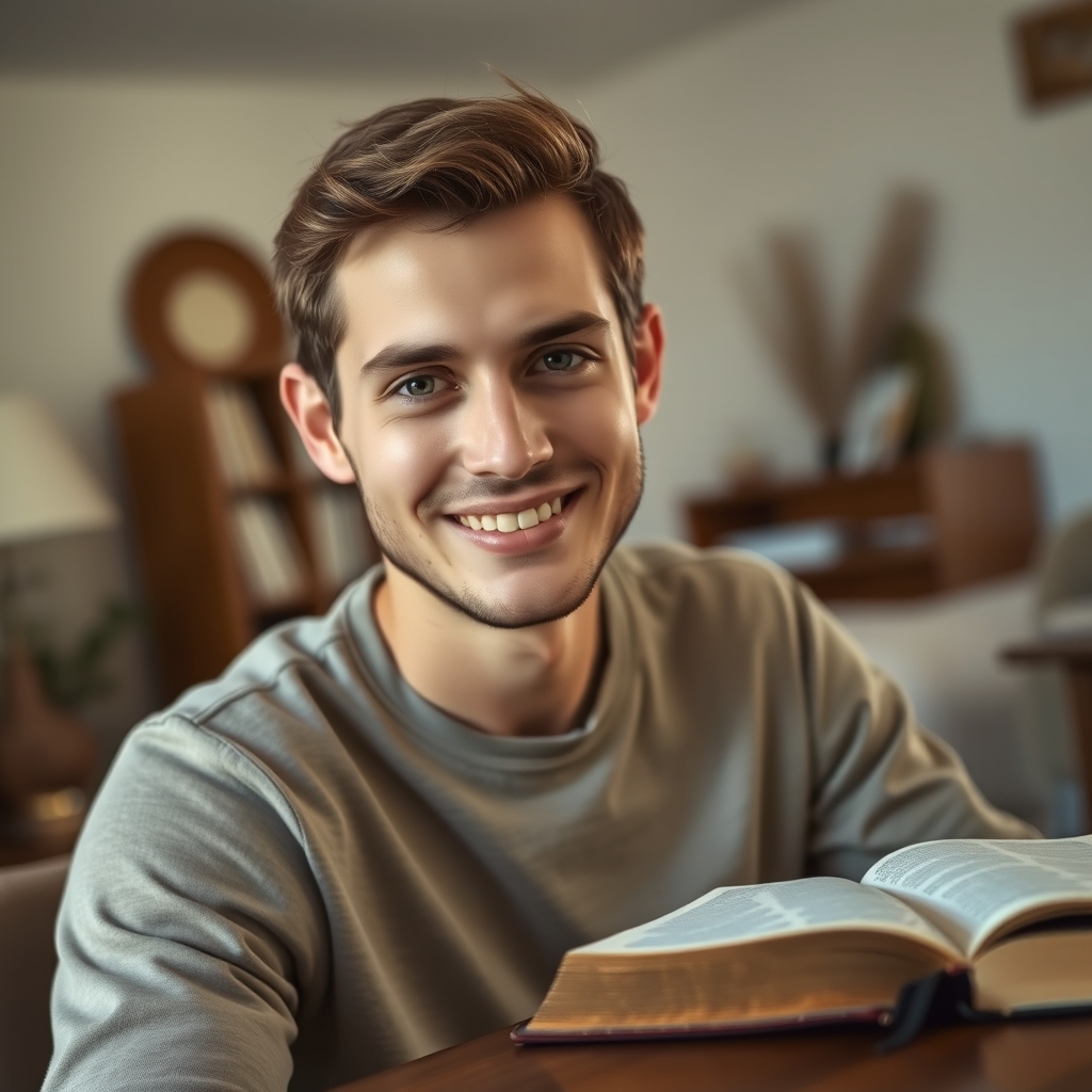 A smiling person in a thoughtful pose, with a worn Bible on the desk nearby, in a bright room.