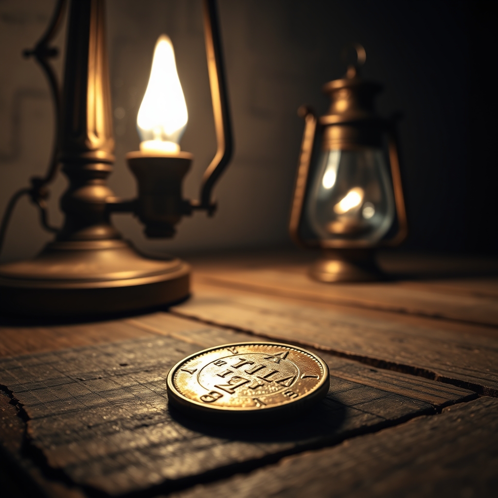 A solitary bronze coin and an ancient oil lamp on a weathered wooden surface in dim lighting, evoking the betrayal of Judas