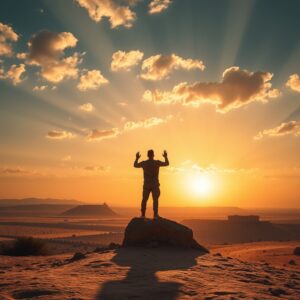 A solitary figure standing in a desert landscape at golden hour, silhouetted against a dramatic sky, symbolizing Jesus' temptation in the wilderness as described in Luke 4 NKJV.