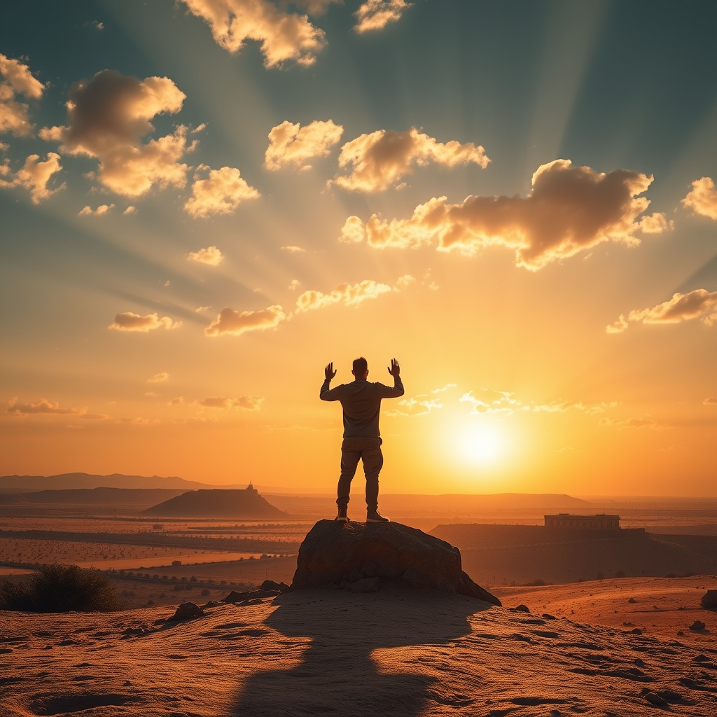 A solitary figure standing in a desert landscape at golden hour, silhouetted against a dramatic sky, symbolizing Jesus' temptation in the wilderness as described in Luke 4 NKJV.