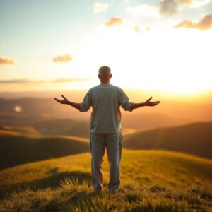 A solitary figure standing peacefully on a sunlit hillside at golden hour, arms open toward warm light breaking through clouds, conveying quiet dignity and spiritual blessing.