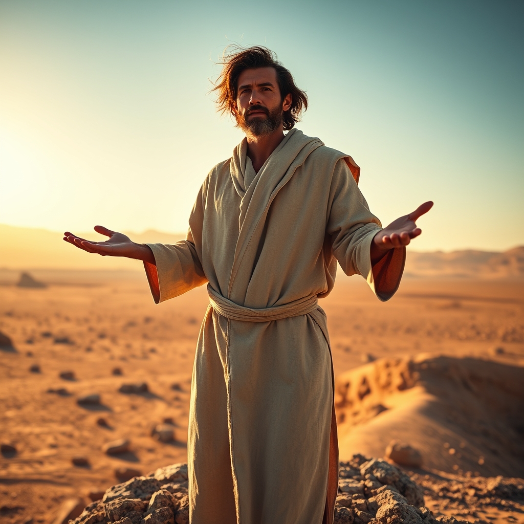 A solitary man in robes standing on a desert ridge at golden hour with arms outstretched, vast barren landscape behind him under a dramatic warm sky