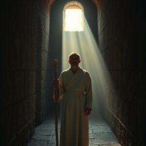 A solitary robed figure stands in a dimly lit ancient stone corridor, illuminated by a single beam of warm light streaming from above, evoking a sense of spiritual confrontation and reverence, with dramatic shadows and dust particles visible in the light
