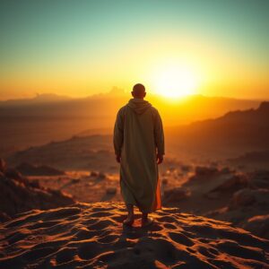 A solitary robed figure stands in a vast desert at golden hour, facing a distant horizon under a dramatic sky, symbolizing spiritual resolve and divine calling.