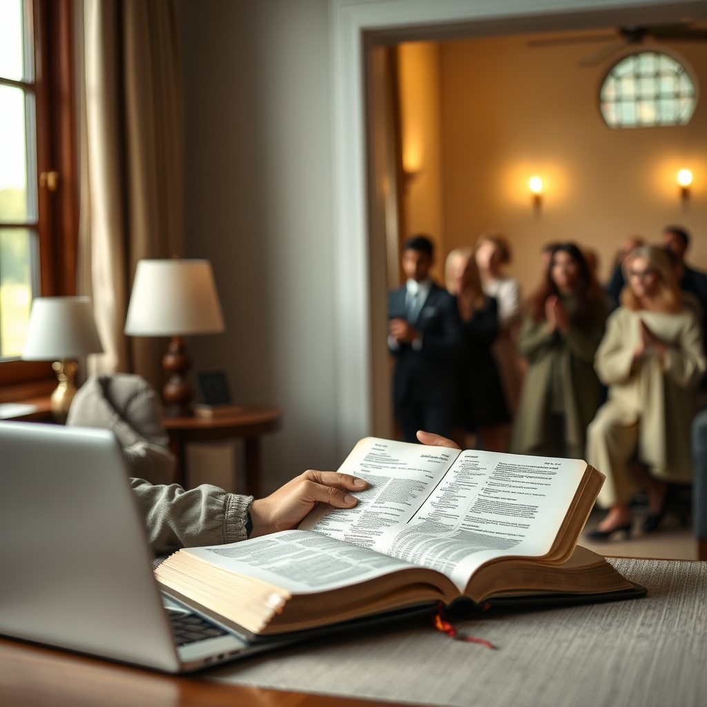 A solitary scholar studying the Bible alongside a worship crowd.