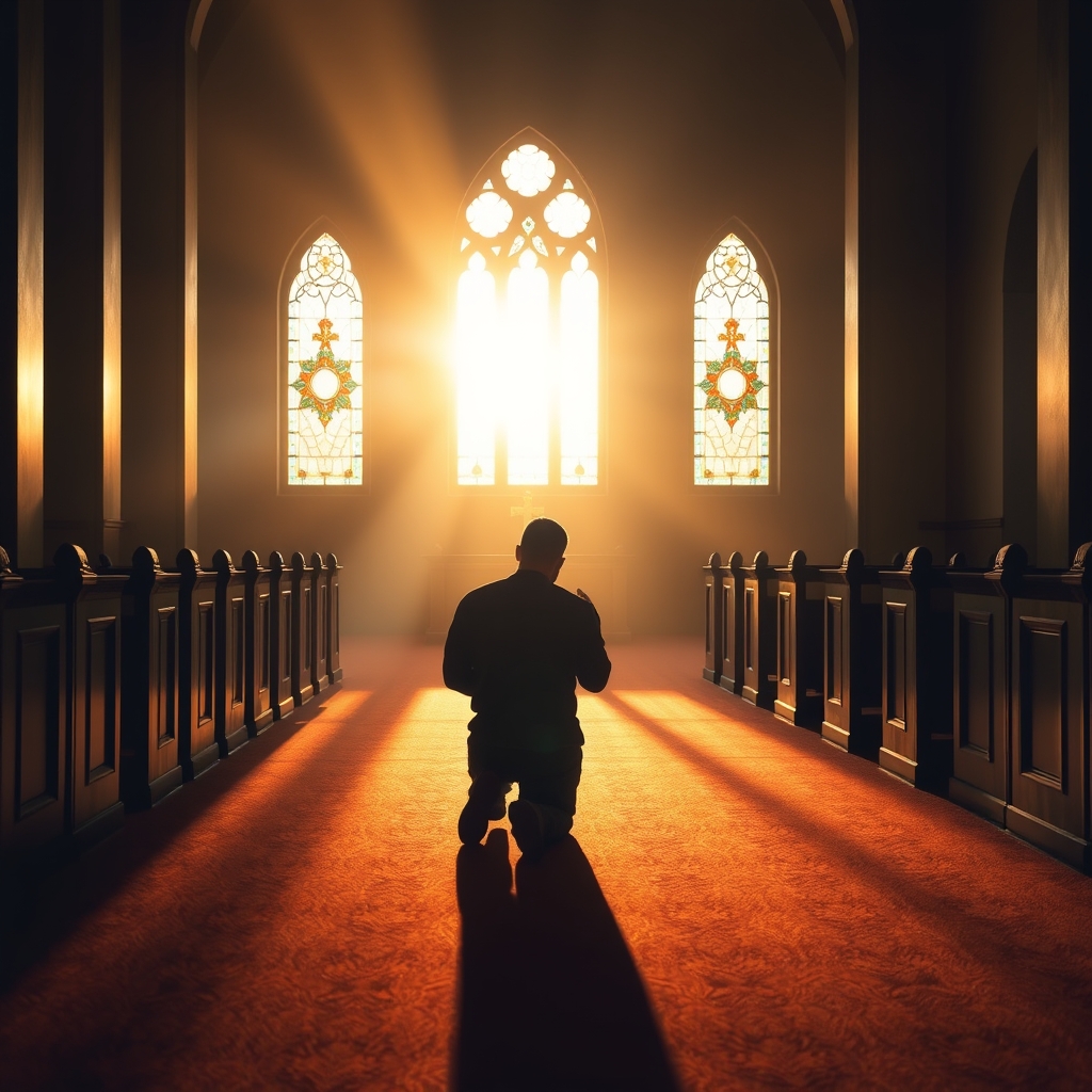 A solitary seeker kneeling alone in a peaceful chapel at sunrise.